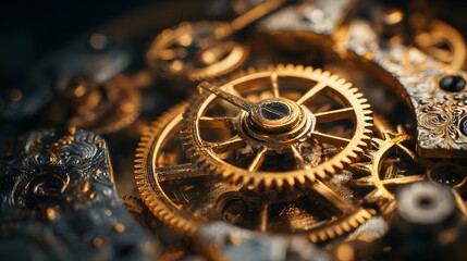 Intricate arrangement of polished metallic gears displays precise mechanical engineering detail