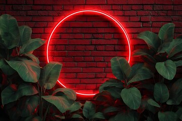 Red Neon Circle and Green Plants on Brick Wall