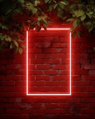 Red Neon Rectangle on Brick Wall with Foliage