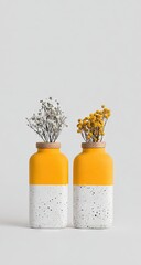 Two decorative vases with dried flowers stand on a plain background.