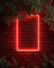 Red Neon Rectangle on Brick Wall with Green Foliage