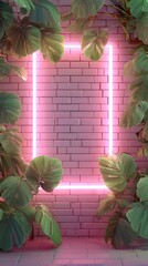 Tropical Leaves with Pink Neon Rectangle on Brick Wall