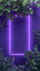 Violet brick wall with neon frame and foliage