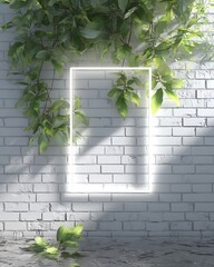 White Brick Wall with Greenery and Neon Frame