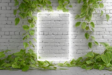 White Brick Wall with Ivy and Neon Frame