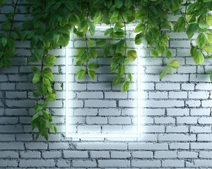 White Brick Wall with Neon Frame and Green Foliage