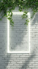 White Brick Wall with Neon Frame and Green Vines