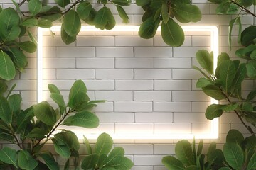 White brick wall with neon light frame and green foliage