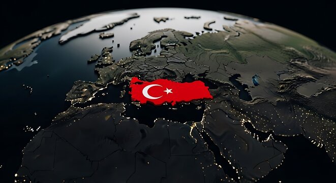 Turkey map flag on globe 3D rendering with cities illuminated at night