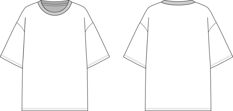 Blank crew neck drop shoulders oversized unisex t shirt technical fashion sketch front and back view 
