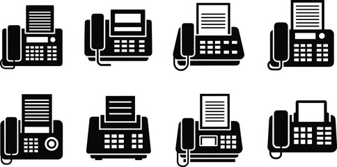 Collection of fax machine icons, office communication equipment, document sending devices, telephone and printer symbols, retro and modern technology tools