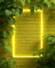 Yellow Brick Wall with Green Foliage and Neon Rectangle