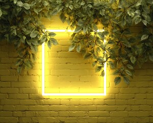 Yellow brick wall with green foliage and neon square