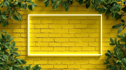 Yellow brick wall with green foliage and white rectangular frame