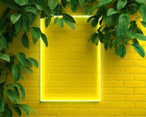 Yellow brick wall with green leaves and neon rectangle