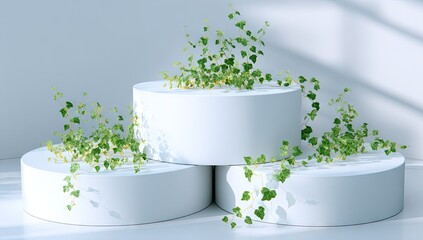 Tiered pedestals display lush green ivy plants bathed in dappled sunlight.