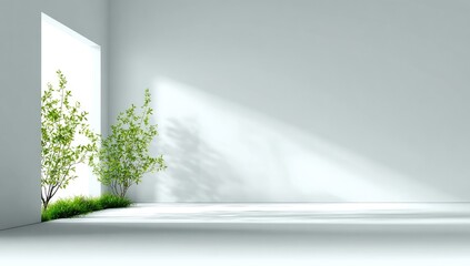 Minimalist interior with trees and sunlight streaming through a large opening.