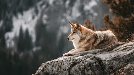 Naklejka premium Canine mammal rests calmly upon a rugged stone outcrop overlooking a distant landscape