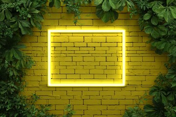 Yellow Brick Wall with Neon Rectangle and Green Foliage