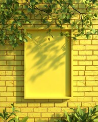 Yellow Frame on Yellow Brick Wall with Green Leaves