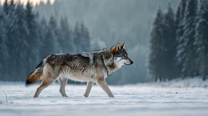 Obraz premium Lone wild canine walks across a snowy winter landscape with dense evergreen forest in the background