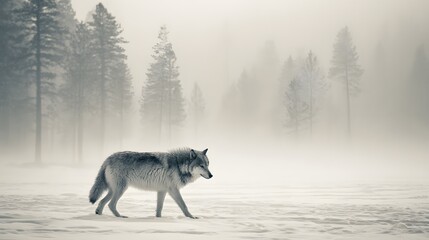 Obraz premium Solitary canine traverses a snow-covered expanse amidst a heavily fogged evergreen forest