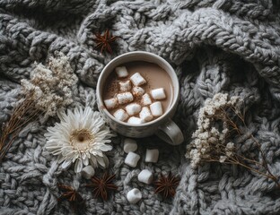 Cozy cup of hot chocolate with marshmallows and star anise.