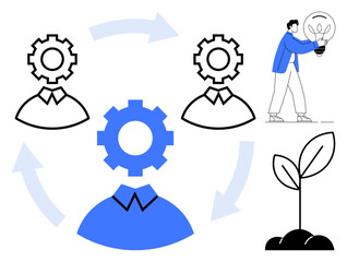 Gears inside heads, arrows indicating workflow, person holding lightbulb, and a plant sprout symbolize collaboration, innovation, knowledge sharing, sustainability, teamwork, problem-solving