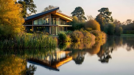 Naklejka premium Contemporary architectural dwelling stands beside tranquil water reflecting warm evening light
