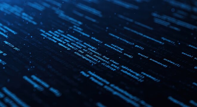 Digital display showing flowing lines of luminous blue programming script on a dark background.