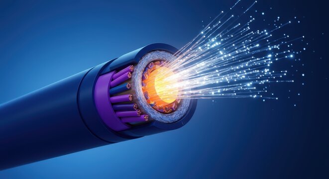 Cross-section view illustrates the transmission of light signals through an optical fiber cable