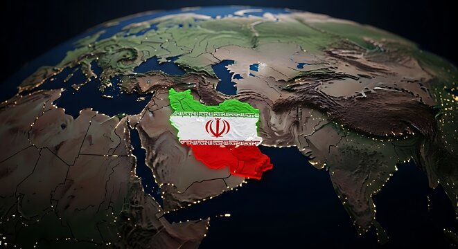 Iran map flag on globe 3D rendering with cities illuminated at night
