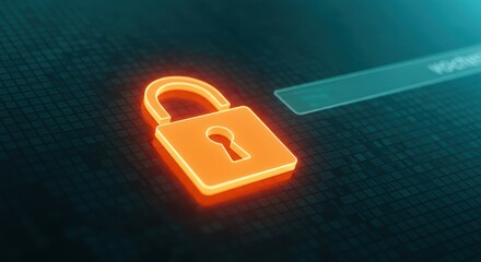 Glowing digital padlock icon illuminates a dark, grid patterned background representing network security