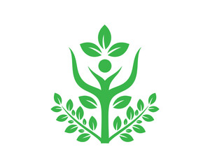 An ecofriendly logo featuring a stylized human figure with leaves, representing health, nature, and sustainable living isolated on white background, promoting wellness and harmony
