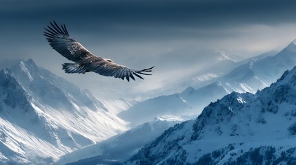 Majestic raptor soars above a vast, snow-covered mountain range under a dramatic sky