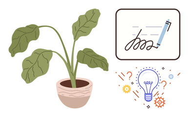 Potted plant symbolizing growth, signed document representing agreements, and glowing lightbulb for ideas. Ideal for innovation, strategy, creativity, productivity, teamwork, success adaptable