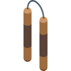 Brown and Dark Brown Wooden Nunchucks Connected by a Gray Chain in Isometric View Isolated on White Background