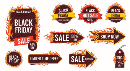 Set of fiery black Friday sale banners with hot offer discounts and promotional deals