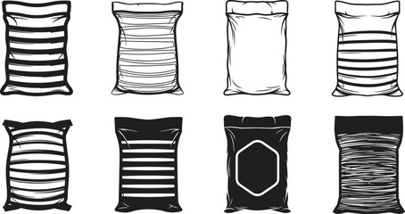 Set of realistic sack bag silhouette vector illustration, packaging pouch collection, plastic food bag design black and white icon