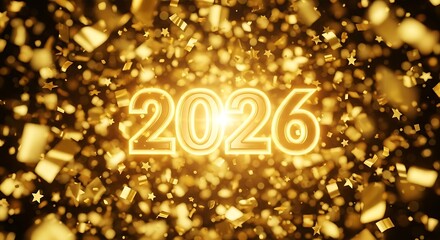 Golden 2026 Celebration with Confetti and Starry Sparkle on Dark Backdrop