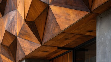 Geometric pattern formed by rich brown wooden panels adorns a modern building facade