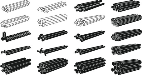 Set of steel rod bundle icons, metal bar collection, industrial construction material illustration, reinforcement and manufacturing vector design, silhouette