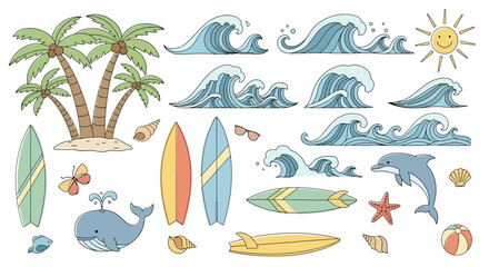 Hand-drawn collection of summer beach elements including ocean waves, surfboards, palm trees, and cute marine life doodles for vacation designs © Avra