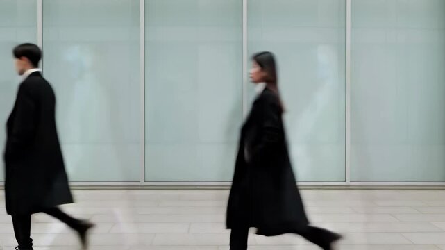 A side-angle video captures two people in motion, walking past each other against a minimalist glass wall, conveying a sense of urban detachment. Live desktop wallpaper.