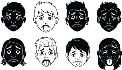 Sick face icons, cartoon expressions, illness symptoms, sad faces, tongue out, acne skin, vector illustration, emotional design, health concept