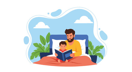 Adobe illustrator artwork vector illustration. Father reading a bedtime story to his son, a tender moment of bonding, imagination, and a peaceful evening routine