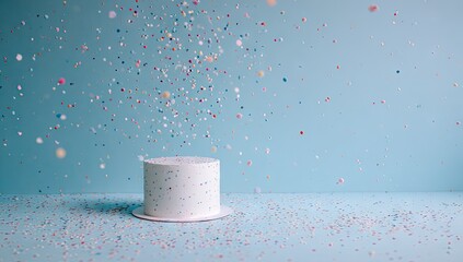 White cake with confetti on pastel blue background celebrates festivity.