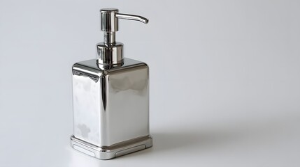 Square metallic liquid dispenser rests on a clean, bright surface