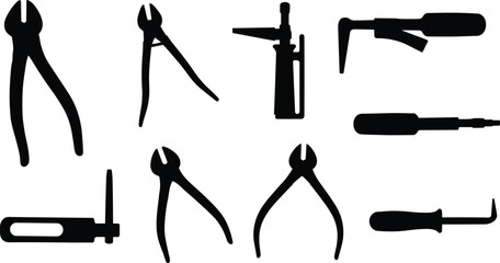 Silhouette collection of hand tools pliers screwdrivers and cutters, black vector illustration for workshop, repair, maintenance and construction design