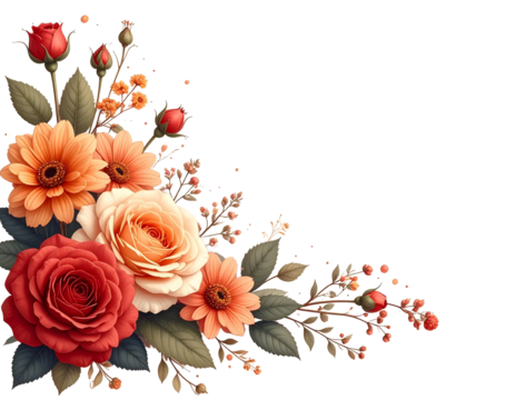 A beautiful floral arrangement featuring realistic roses and daisies in soft shades of red, peach, and orange. The composition includes delicate leaves, buds, and small blossoms arranged diagonally wi